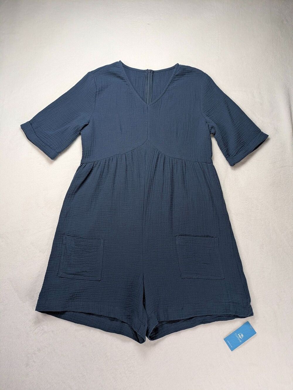 CUPSHE Cotton Gauze Crinkle Romper High Waist Short Sleeve Navy M